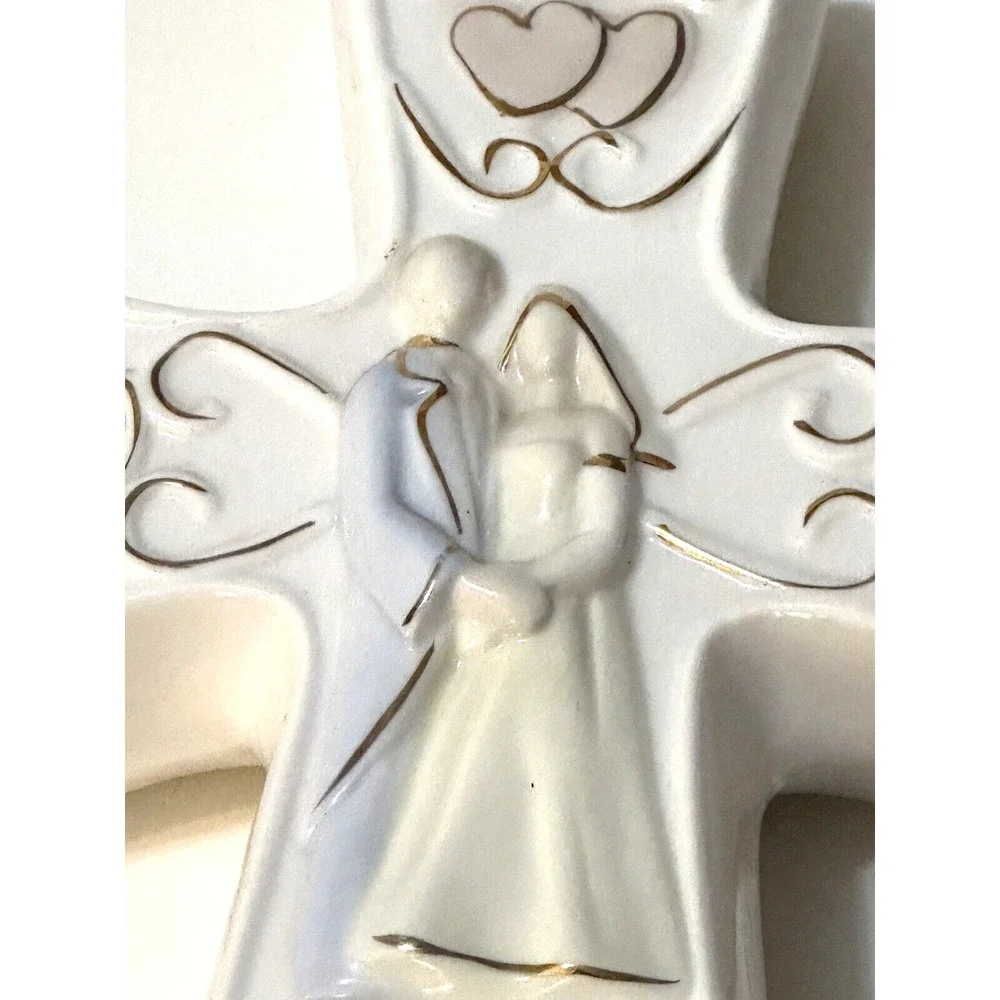 Wedding Cross with Bride and Groom surrounded with Gold Hearts made of Porcelain
